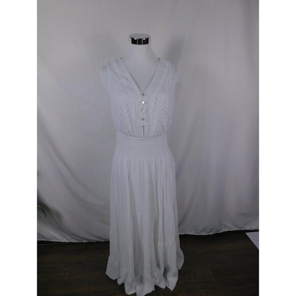 Jolie Dress Womens 1X White Sleeveless V Neck Buttoned Smocked Tiered Maxi Lined - Picture 1 of 12